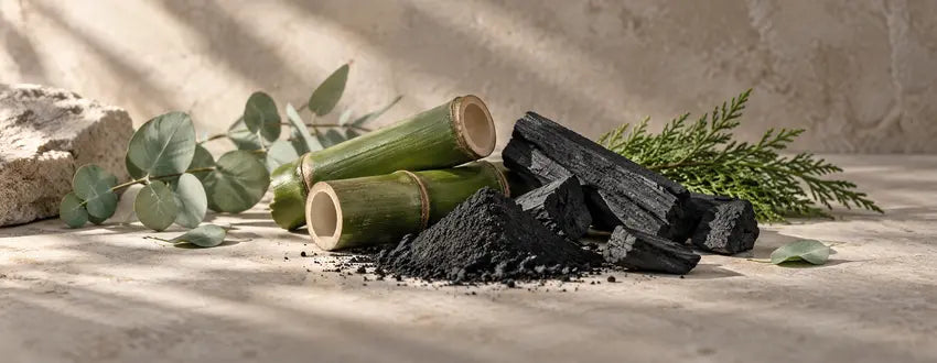Bamboo pieces, charcoal, and fine black powder on warm stone