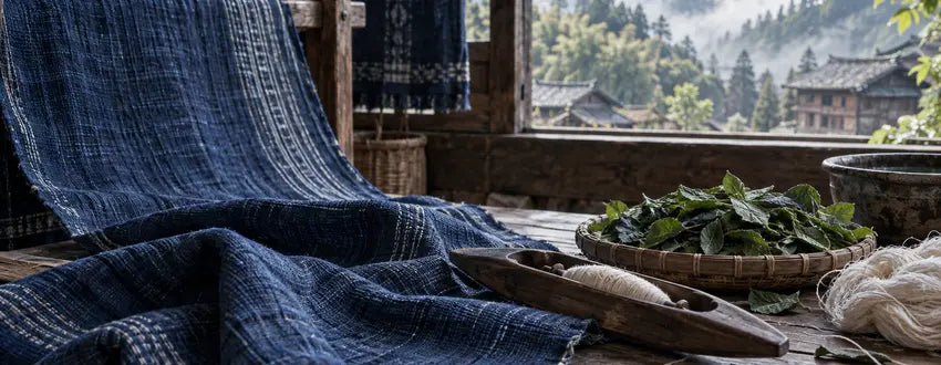 Indigo cloth, weaving tools, and plant leaves in a mountain craft setting
